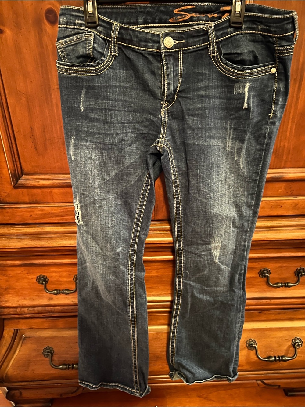 Seven7 Dark Blue Distressed Bootcut Jeans